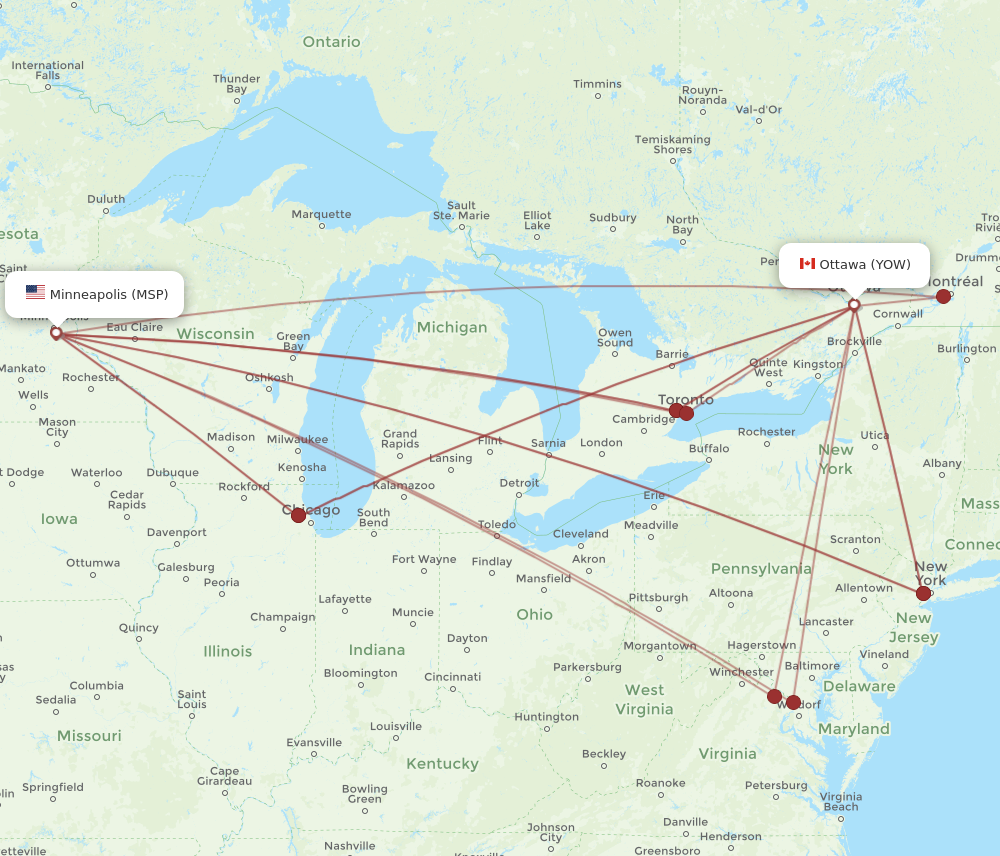YOW to MSP flights and routes map