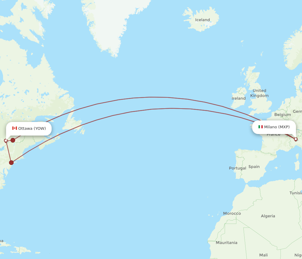 YOW to MXP flights and routes map