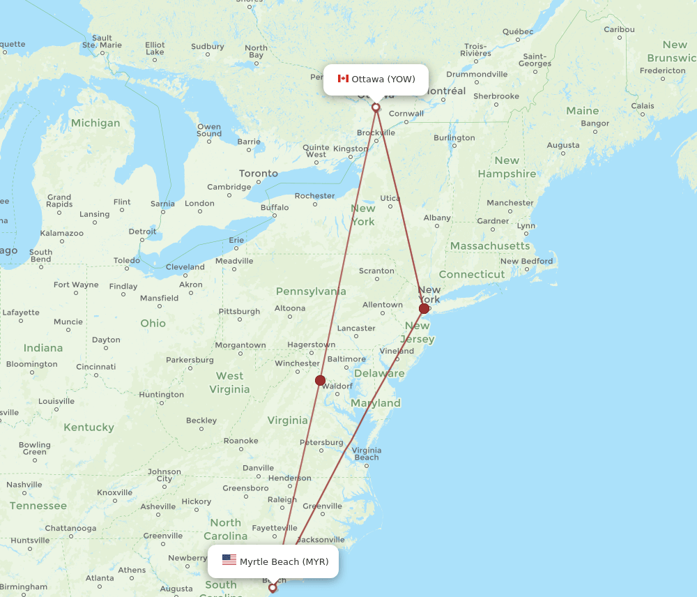 YOW-MYR flight routes