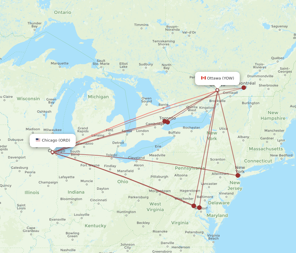 YOW to ORD flights and routes map