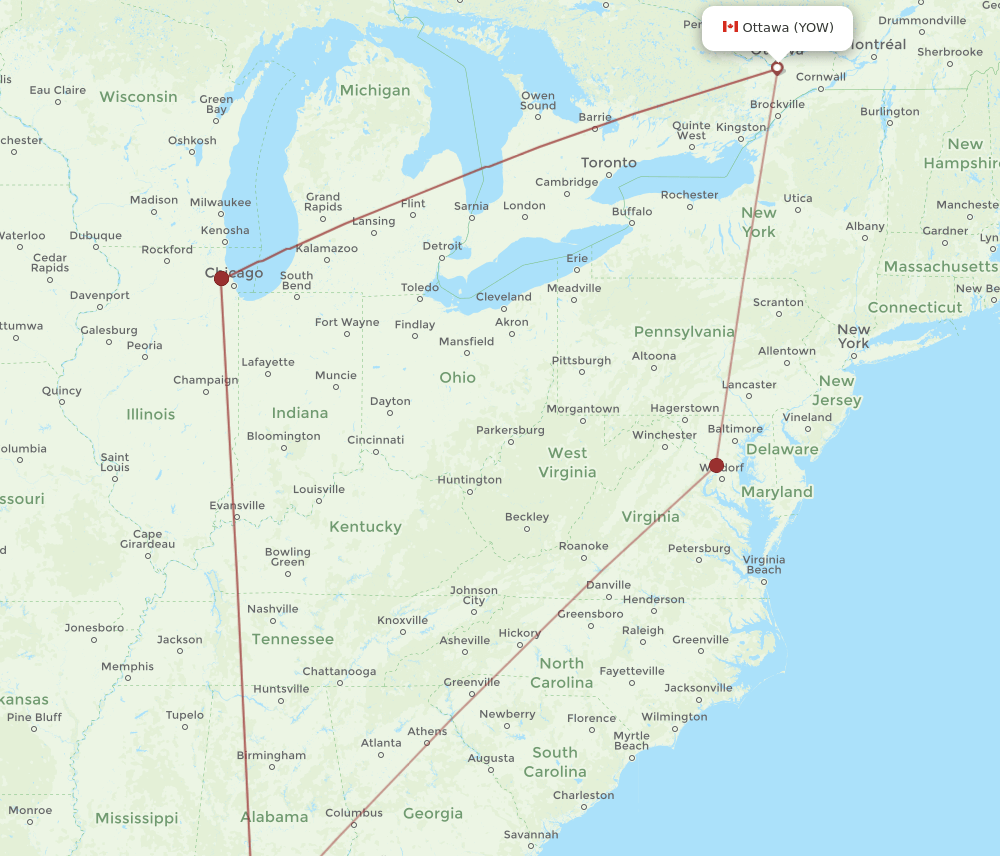 YOW to PNS flights and routes map