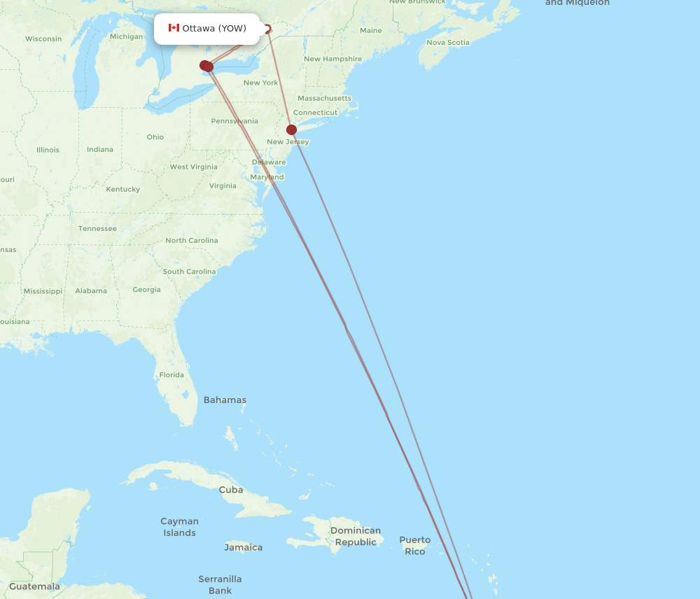 YOW to POS flights and routes map