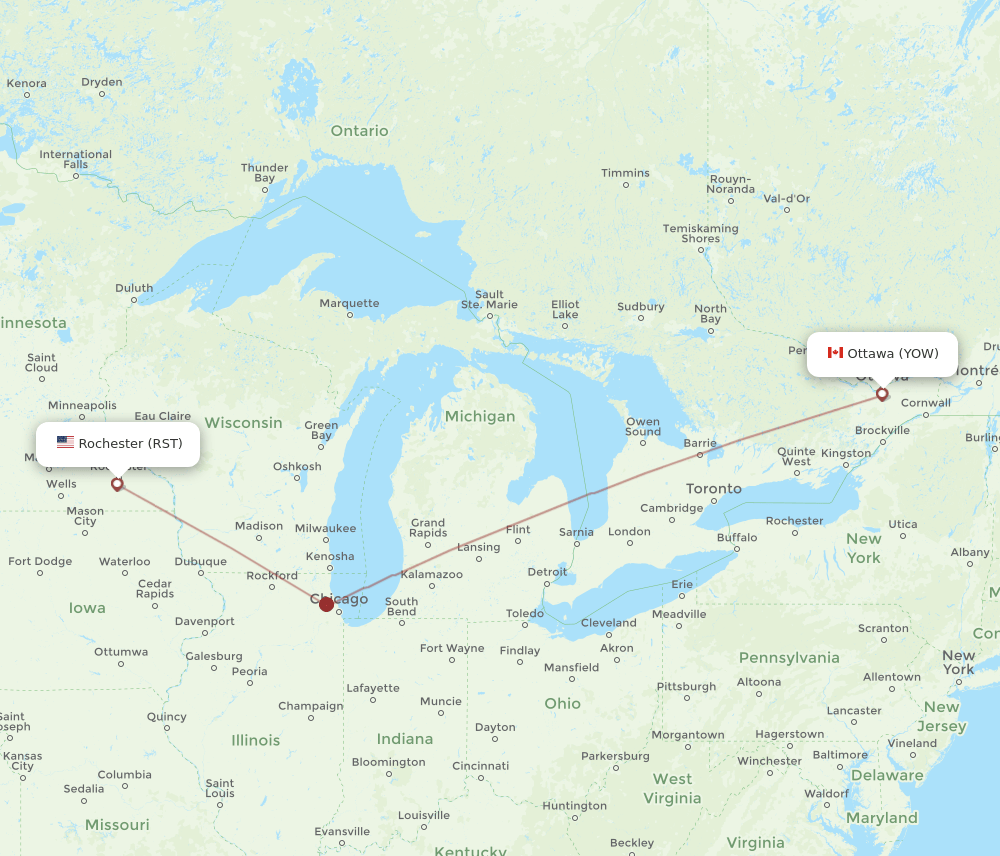 YOW to RST flights and routes map
