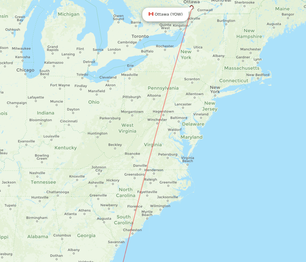 Ottawa - Orlando route map and flight paths