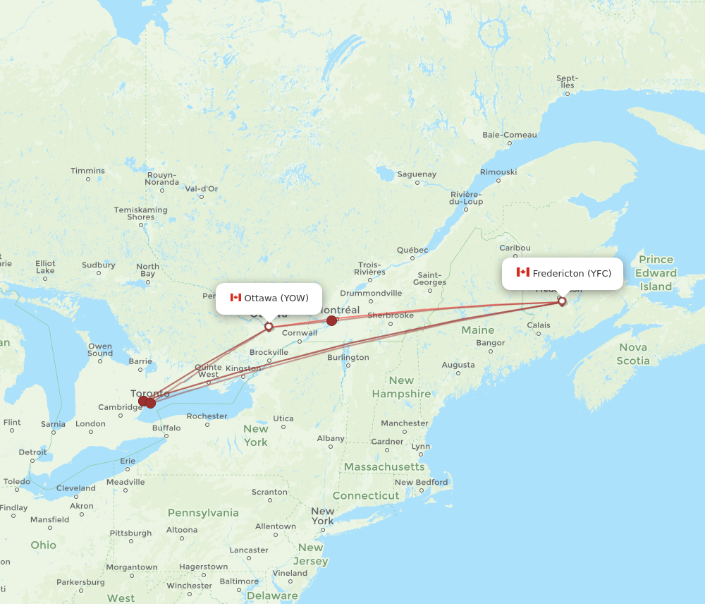 YOW to YFC flights and routes map