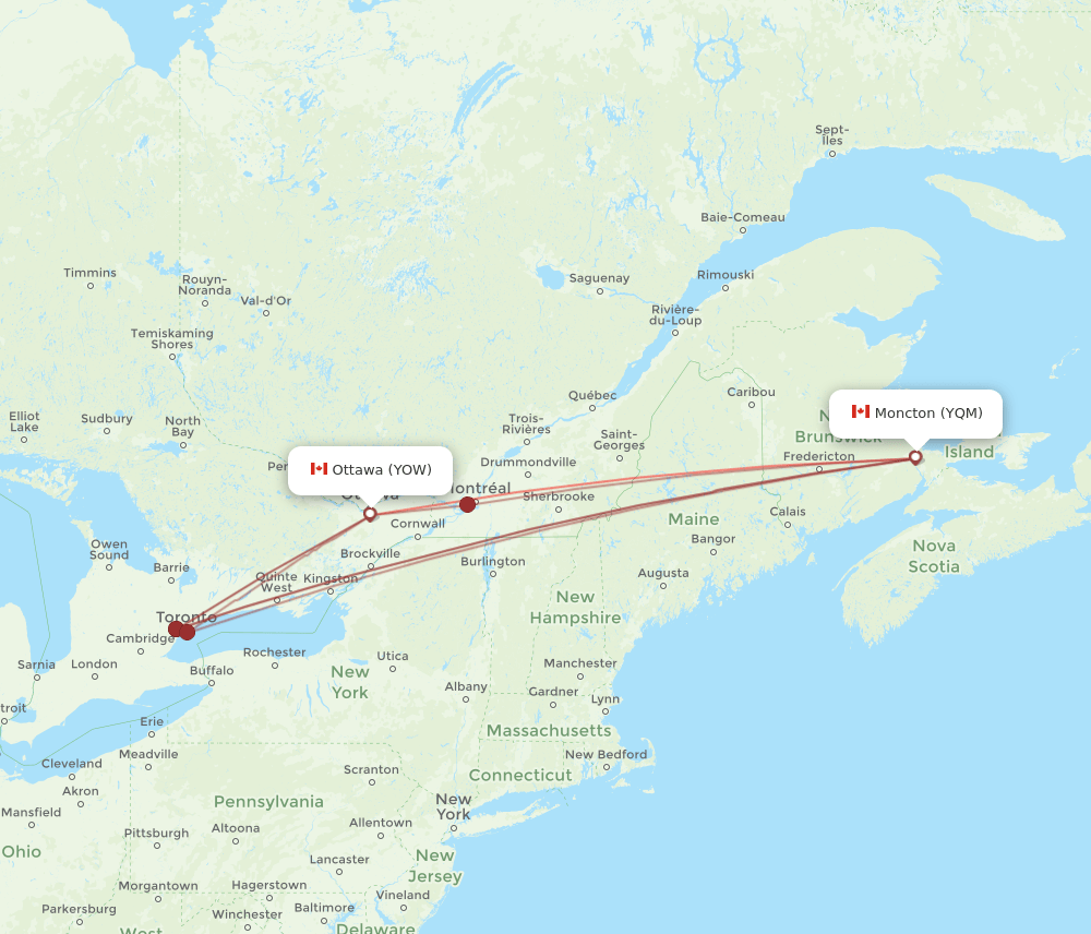 YOW to YQM flights and routes map