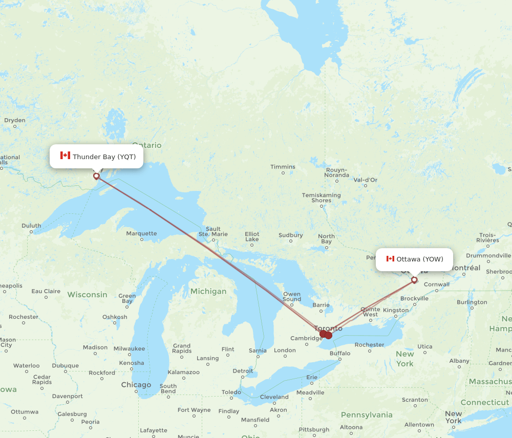 YOW to YQT flights and routes map