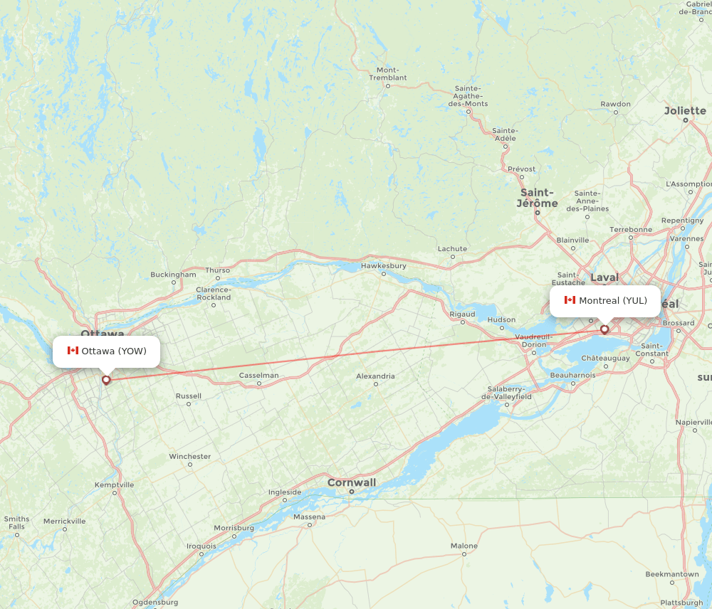 YOW to YUL flights and routes map