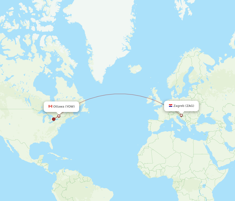 Zagreb - Ottawa route map and flight paths