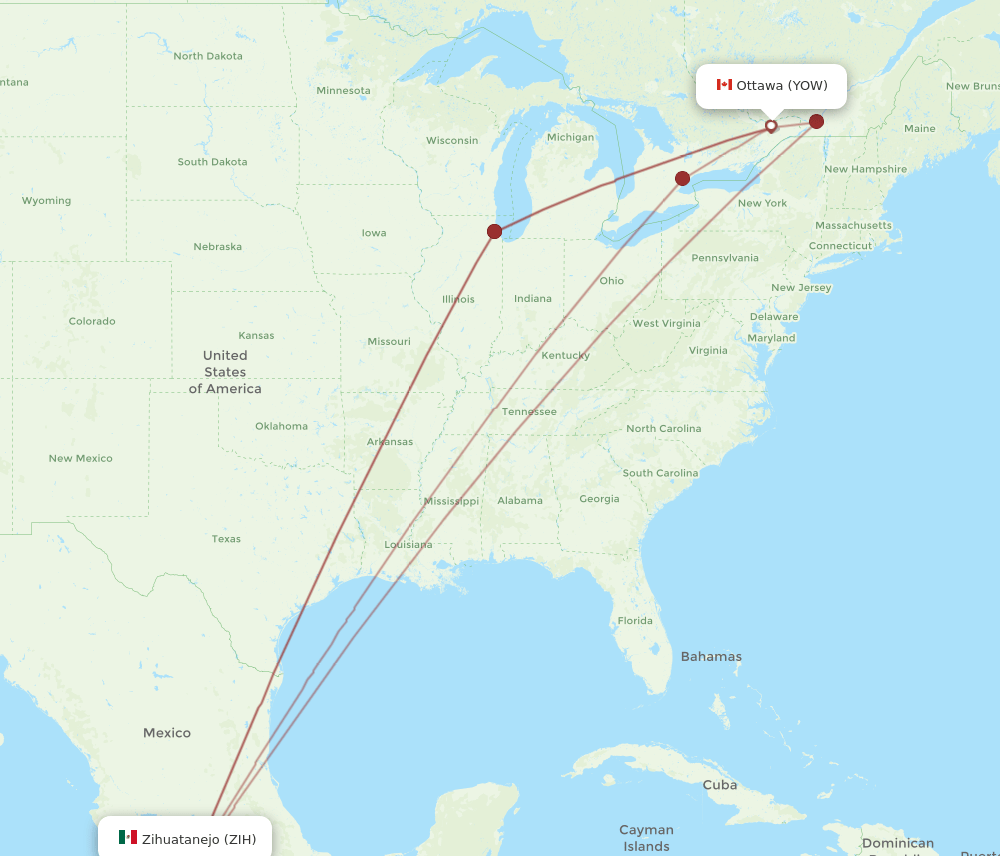 Ixtapa/Zihuatanejo - Ottawa route map and flight paths