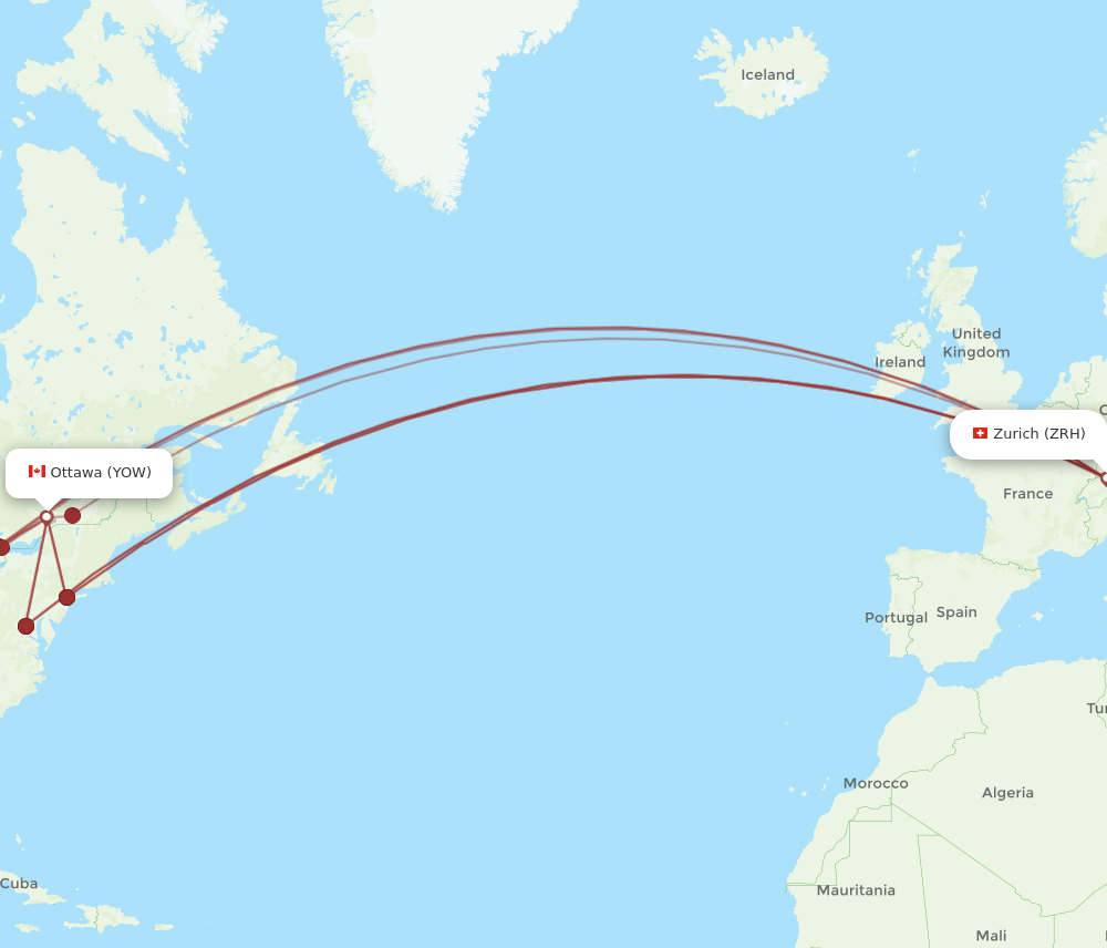 Zurich - Ottawa route map and flight paths