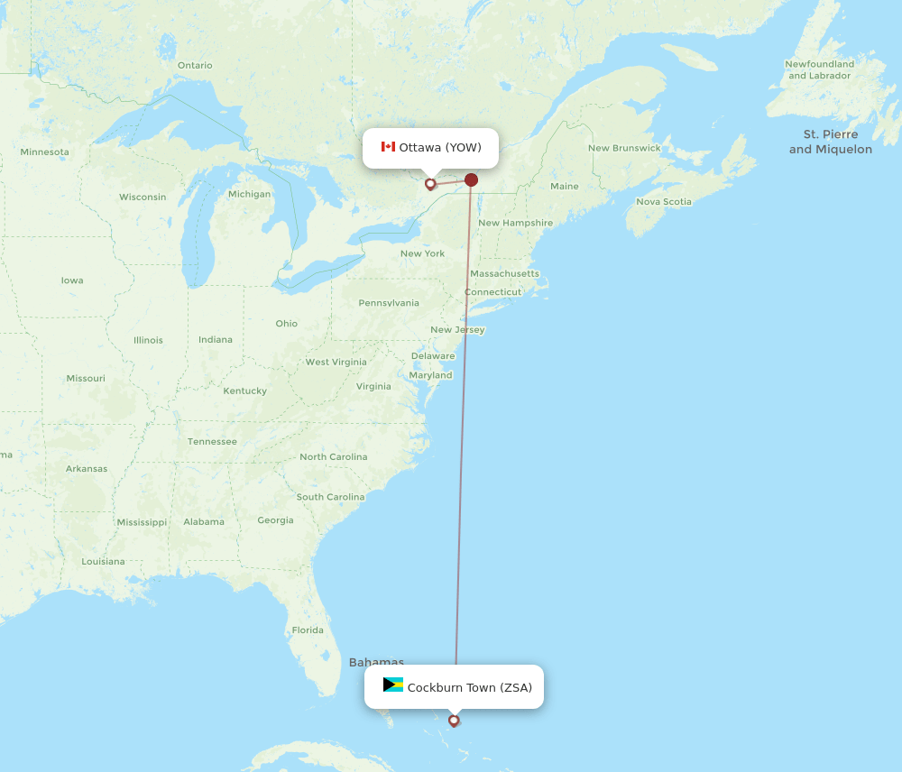 ZSA to YOW flights and routes map