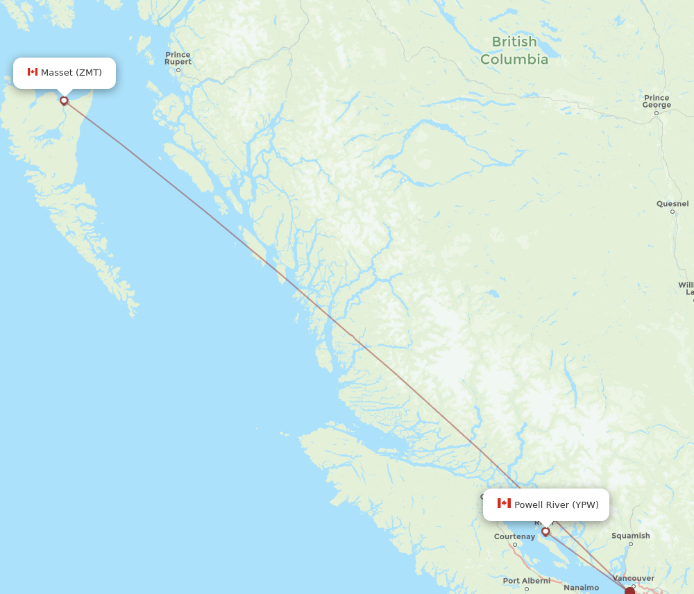 Masset - Powell River route map and flight paths