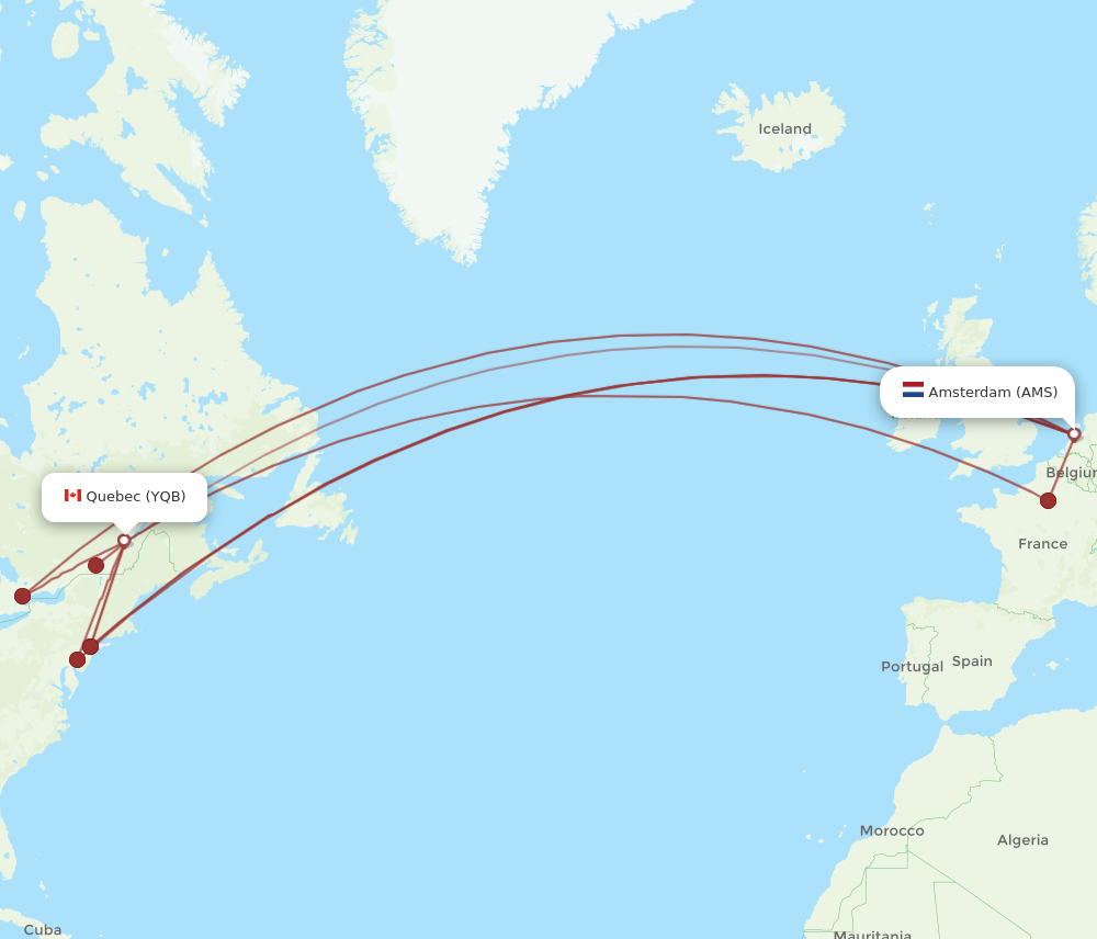 YQB to AMS flights and routes map