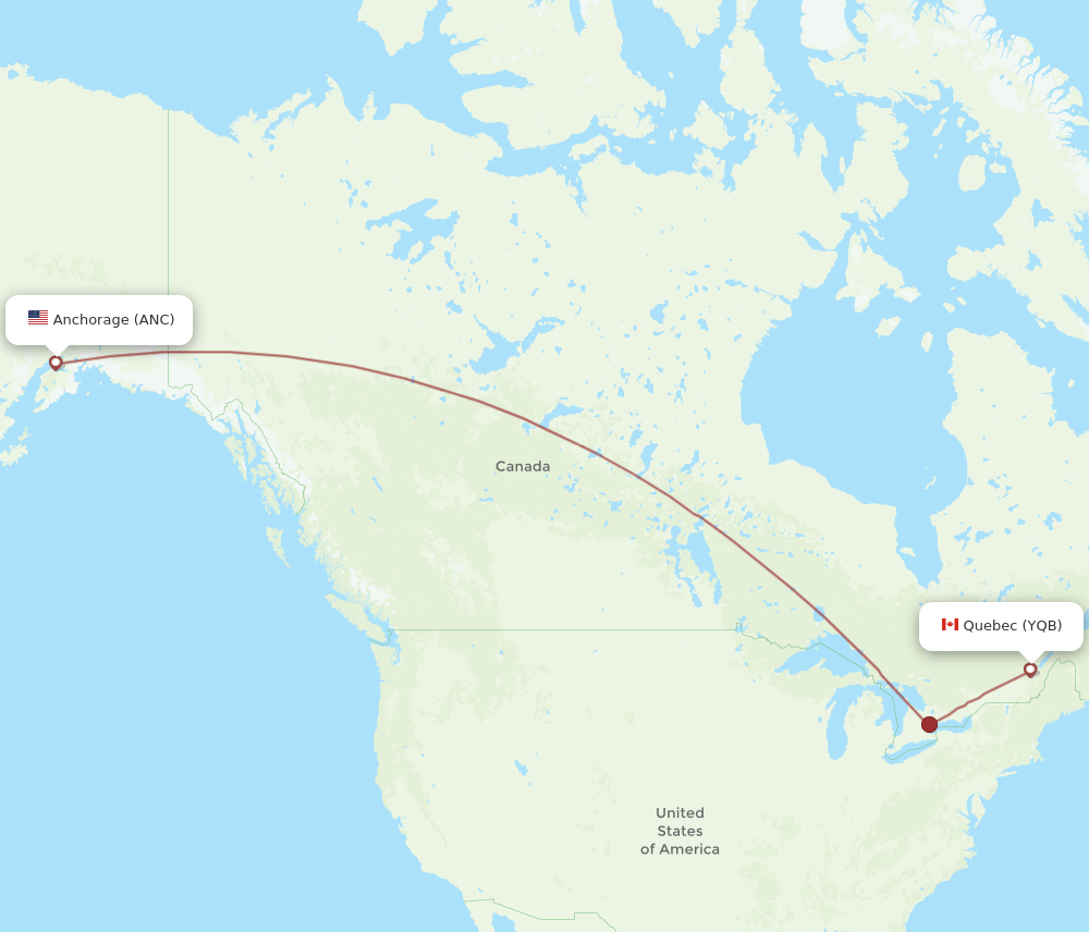 Anchorage - Quebec route map and flight paths