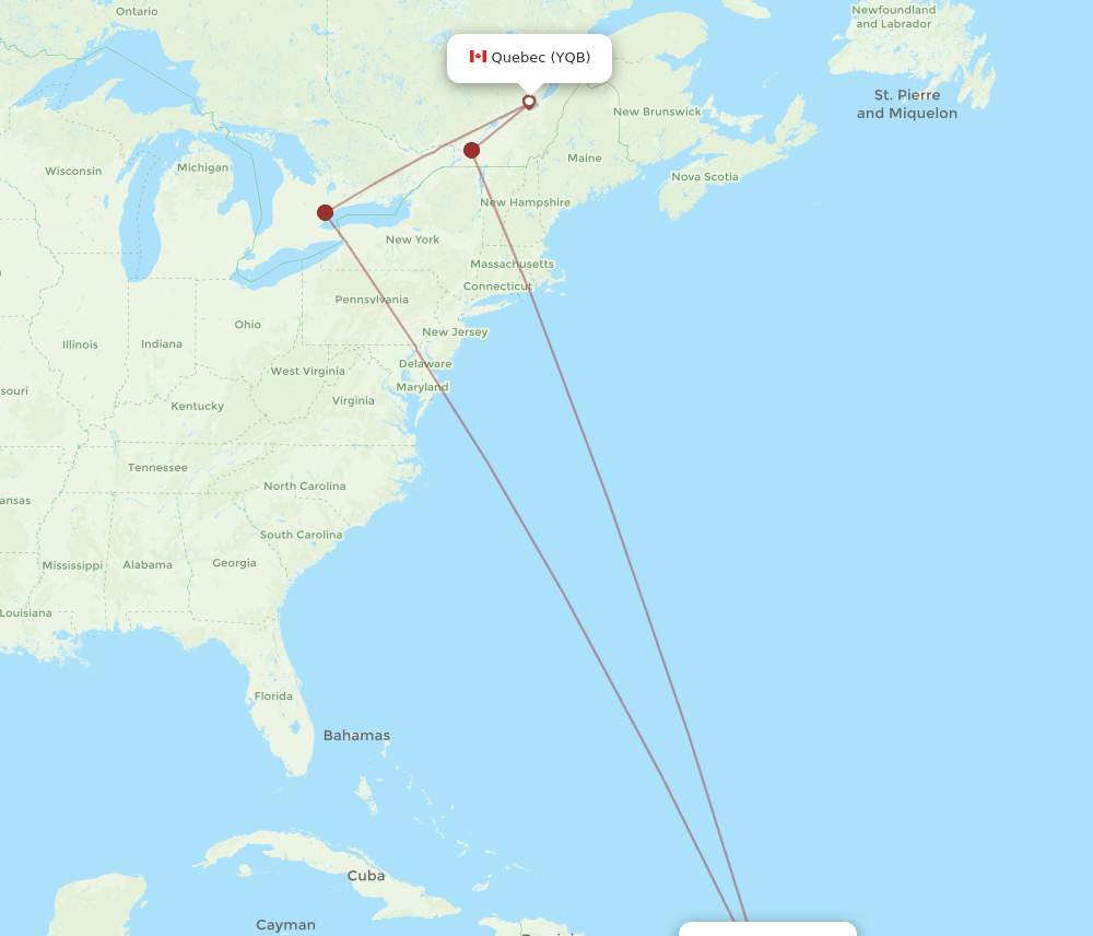 YQB to ANU flights and routes map