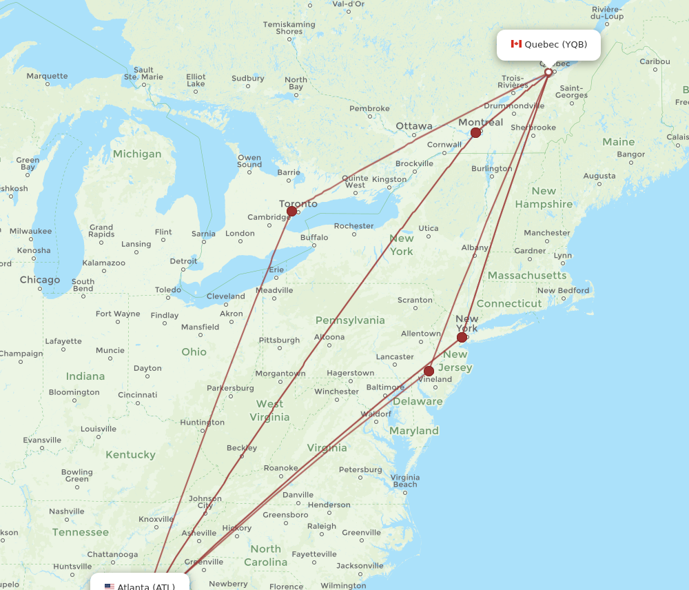YQB to ATL flights and routes map