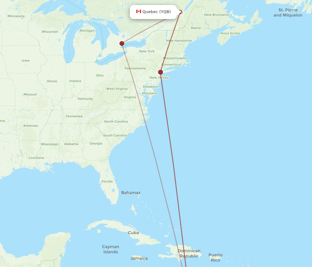 YQB to AUA flights and routes map