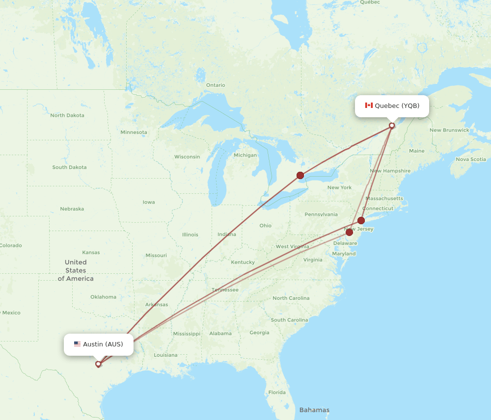 YQB to AUS flights and routes map