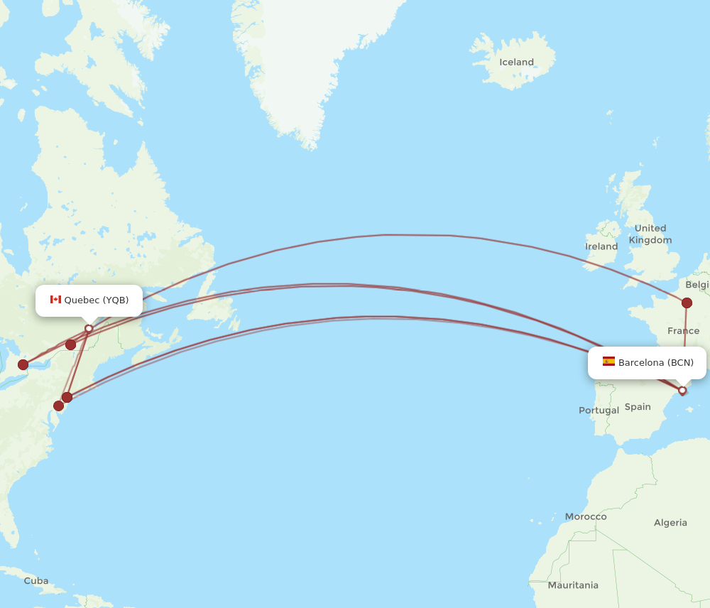 YQB to BCN flights and routes map