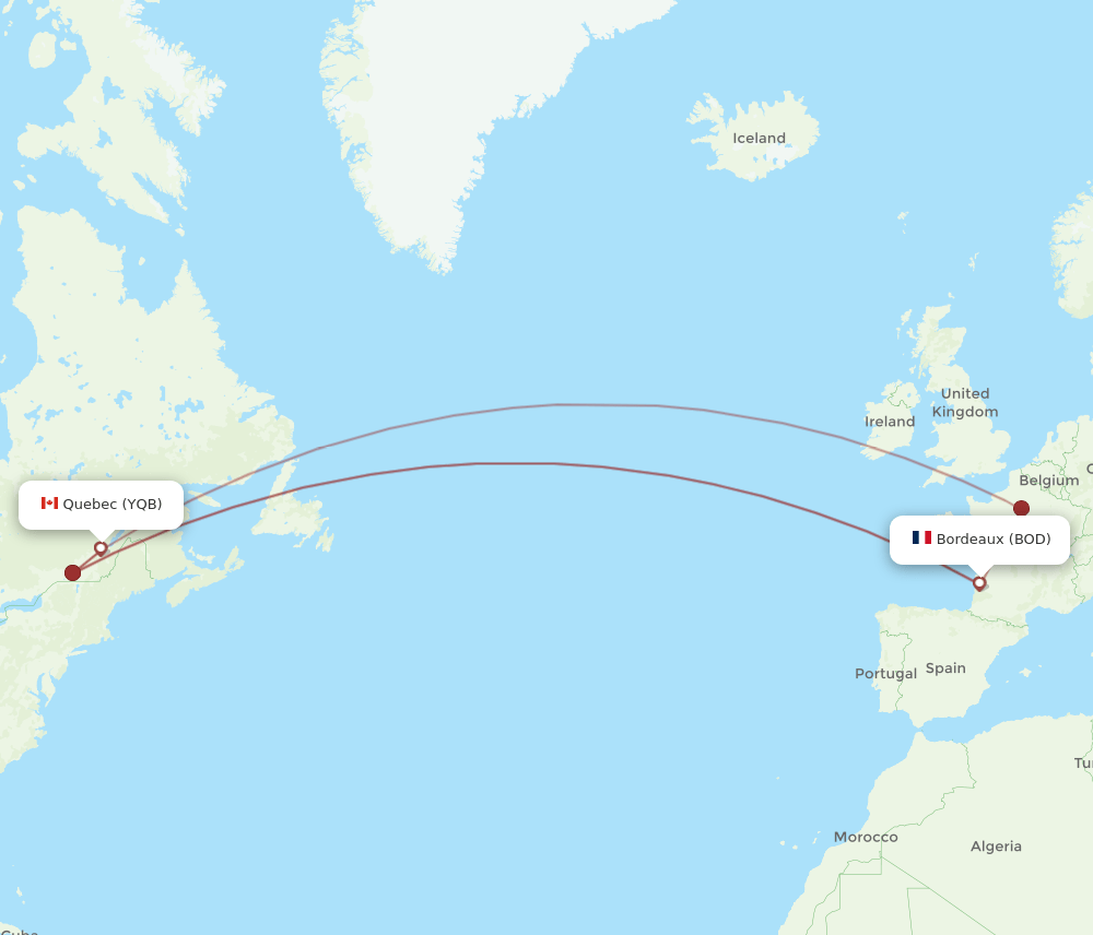 YQB to BOD flights and routes map