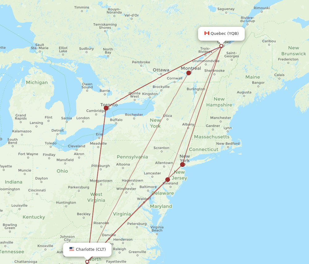 YQB to CLT flights and routes map