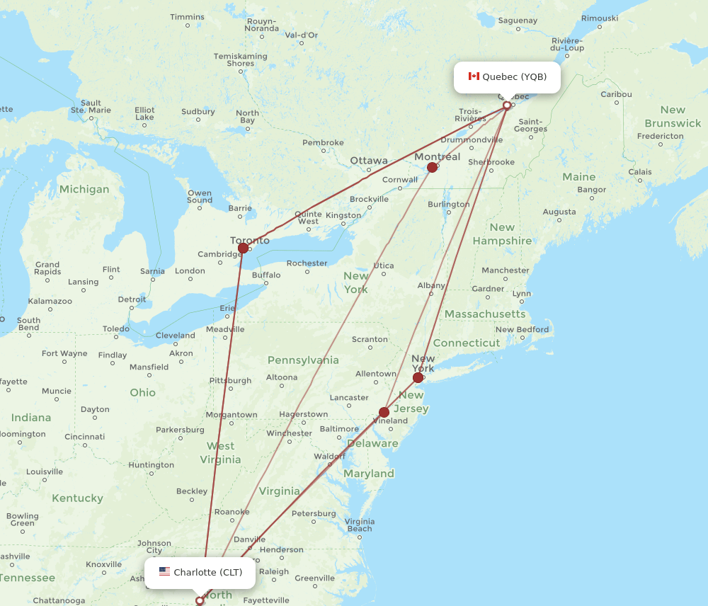 YQB-CLT flight routes