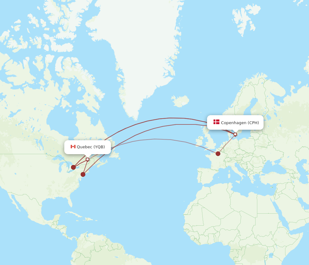 YQB to CPH flights and routes map