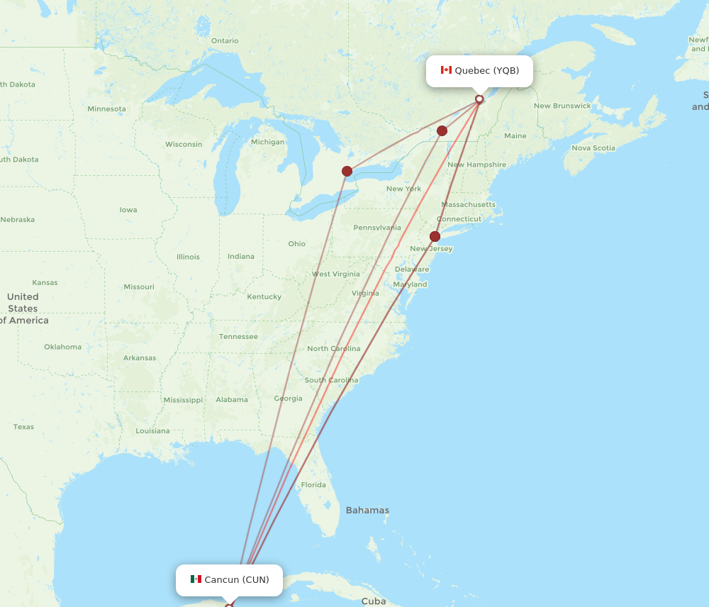 YQB to CUN flights and routes map