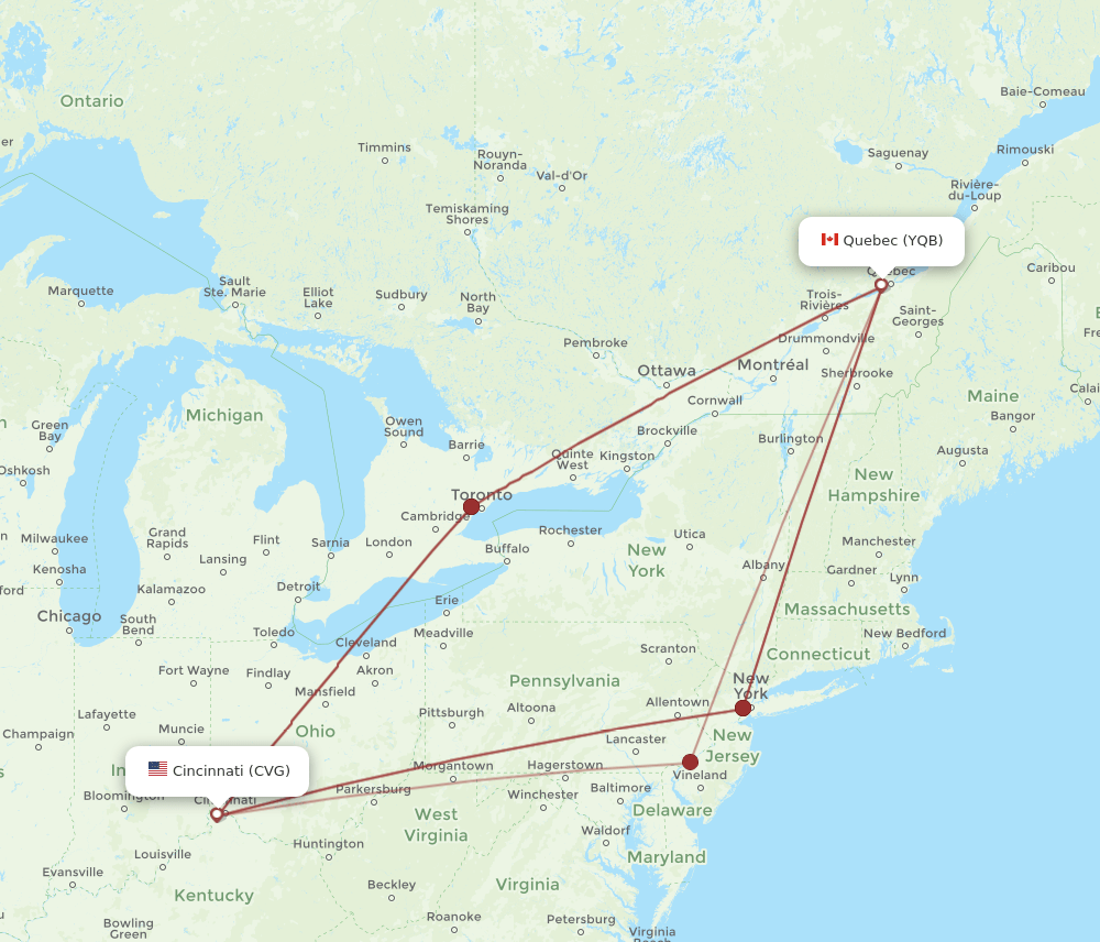 YQB to CVG flights and routes map