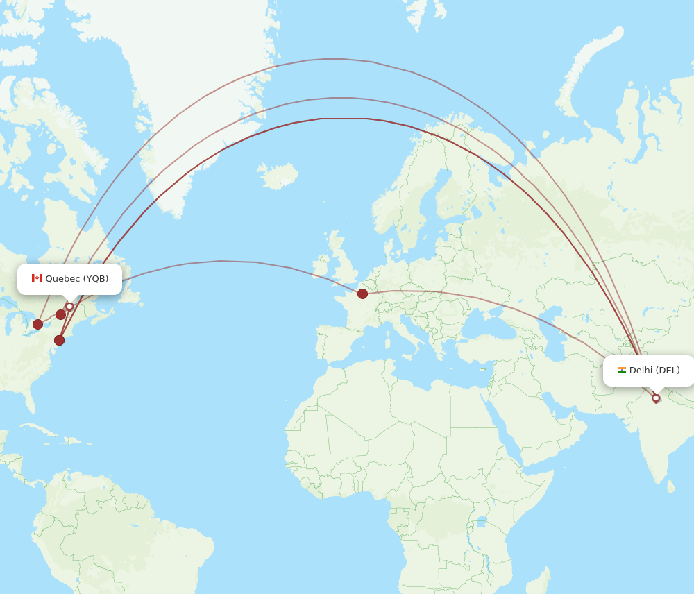 YQB to DEL flights and routes map