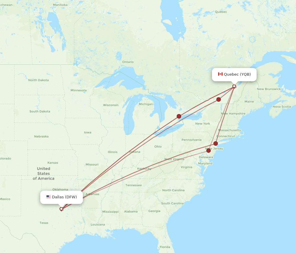 YQB to DFW flights and routes map