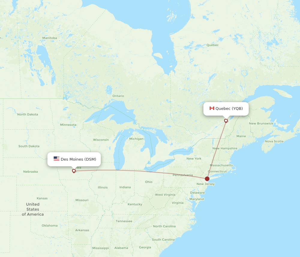 YQB to DSM flights and routes map