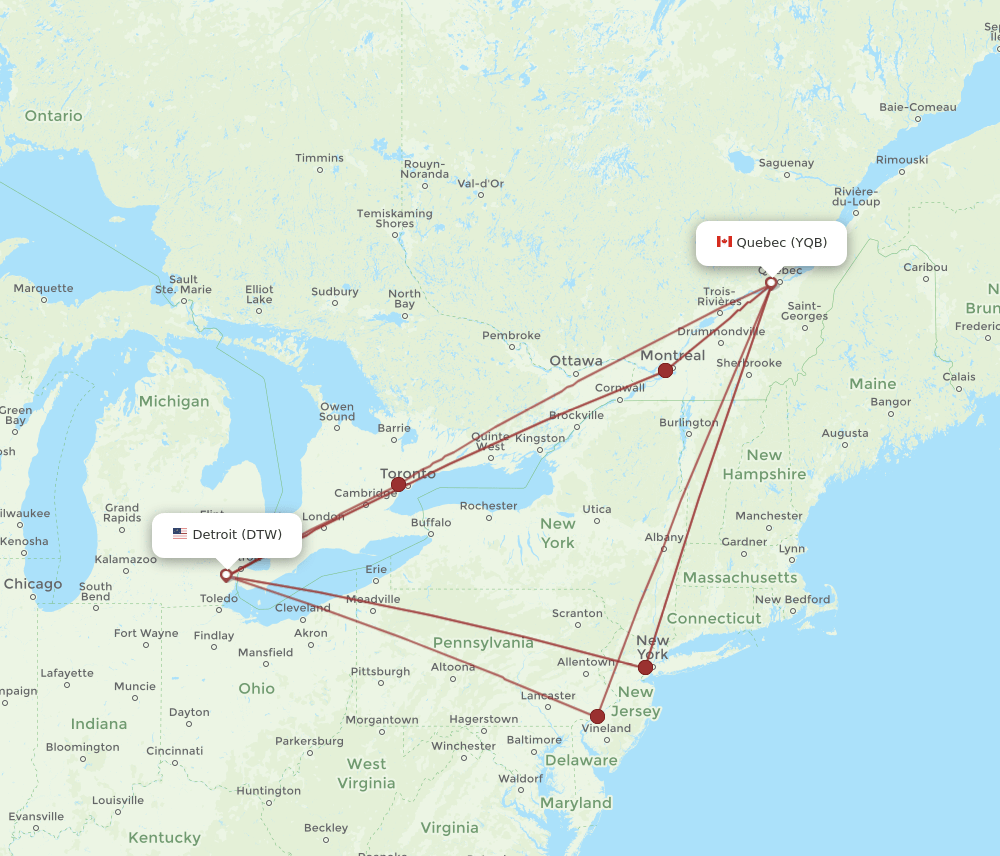 YQB to DTW flights and routes map