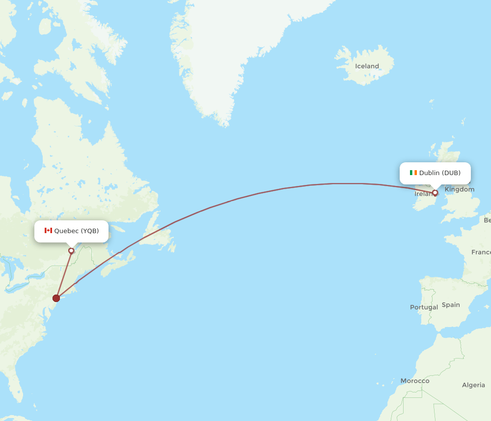 YQB to DUB flights and routes map