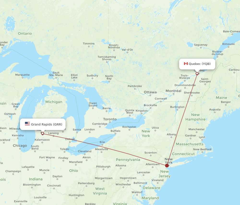 YQB to GRR flights and routes map