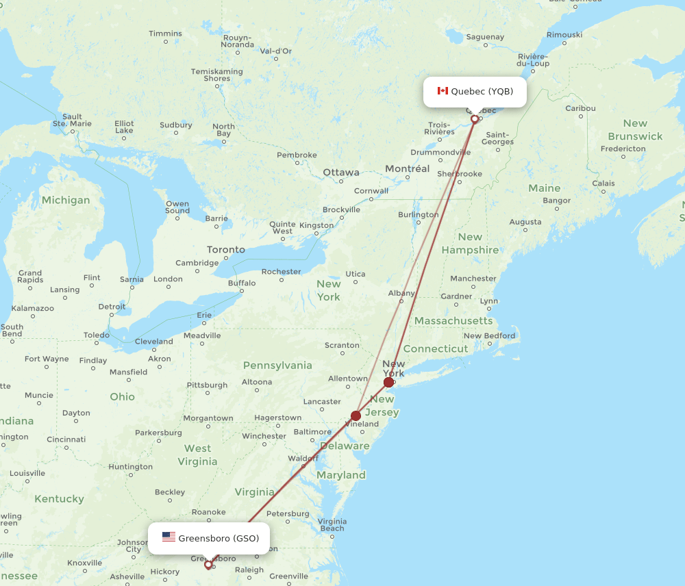 YQB to GSO flights and routes map