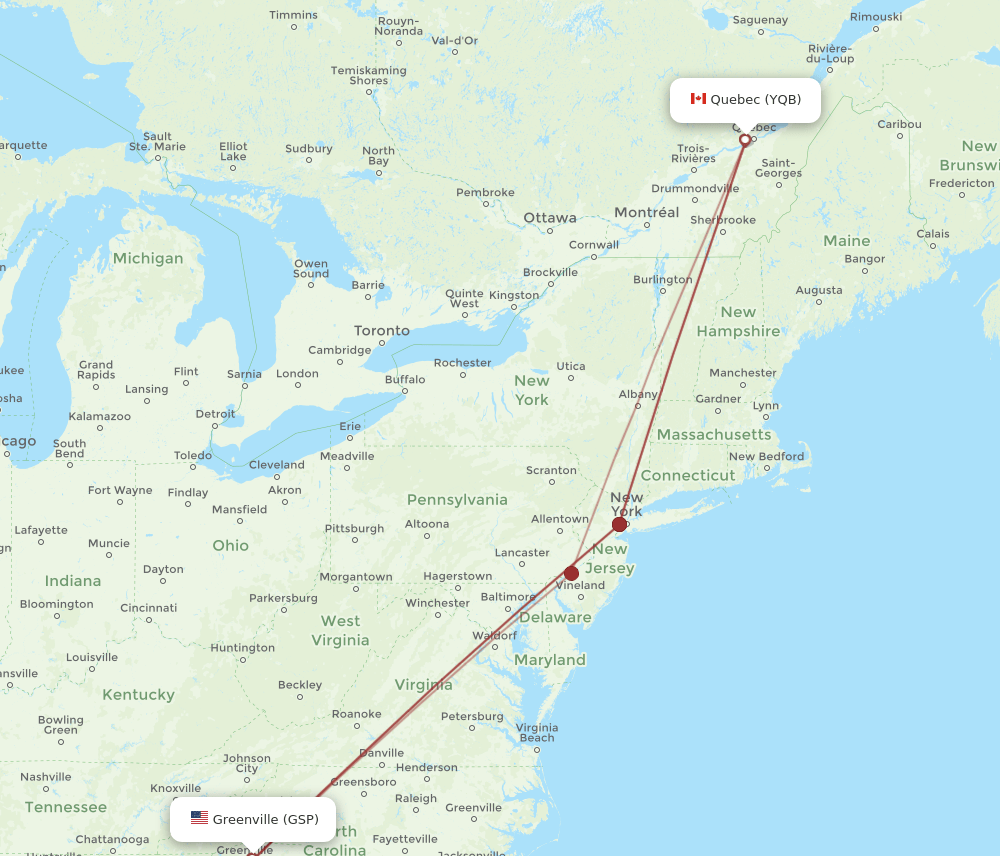 YQB-GSP flight routes