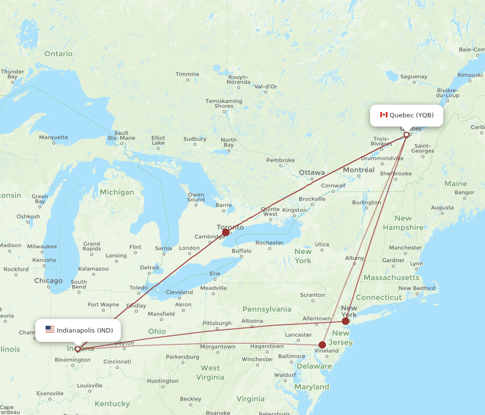 YQB-IND flight routes