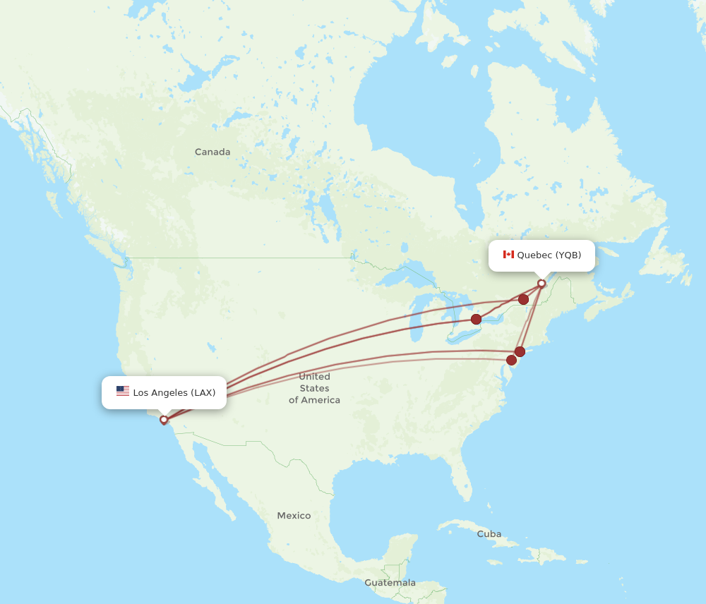 YQB to LAX flights and routes map