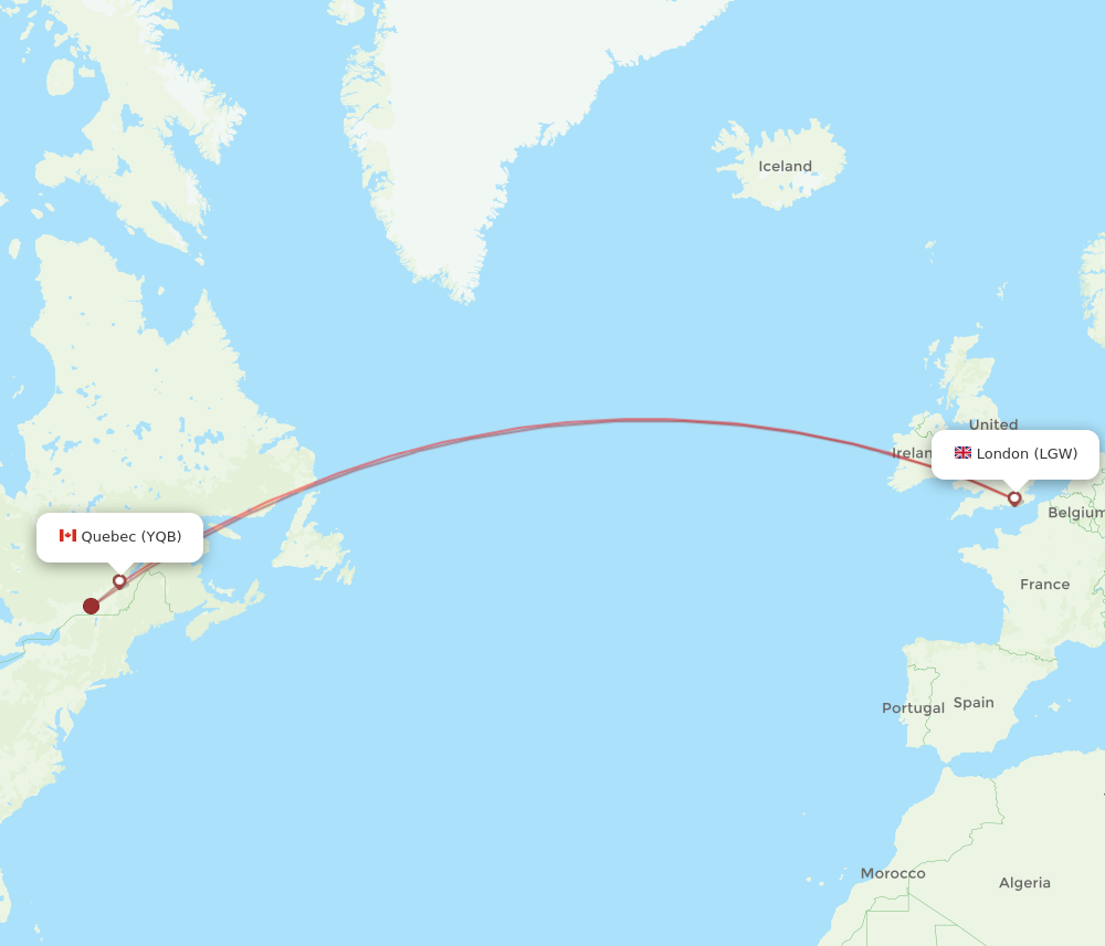 YQB to LGW flights and routes map
