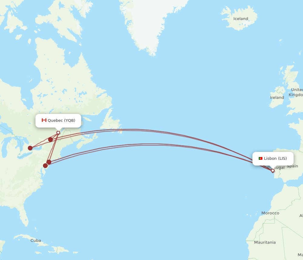 YQB to LIS flights and routes map