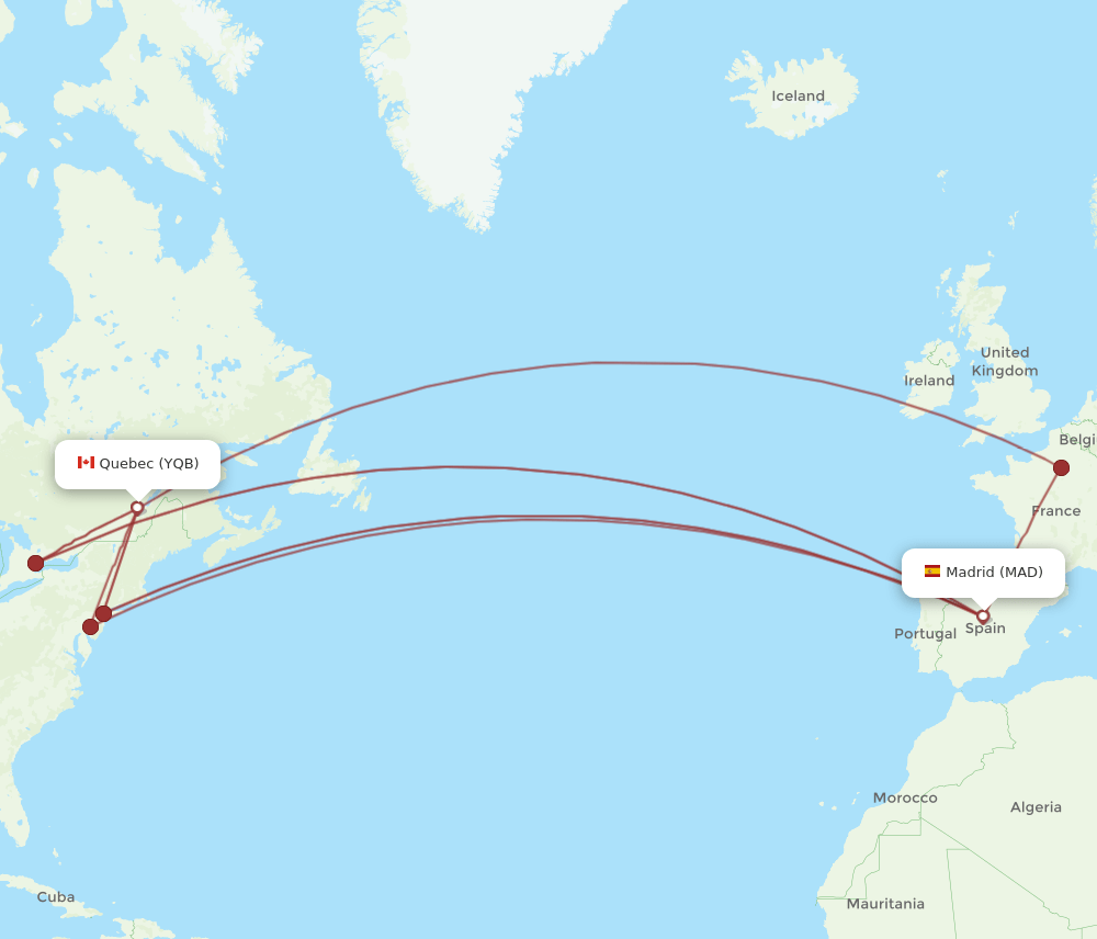 YQB to MAD flights and routes map