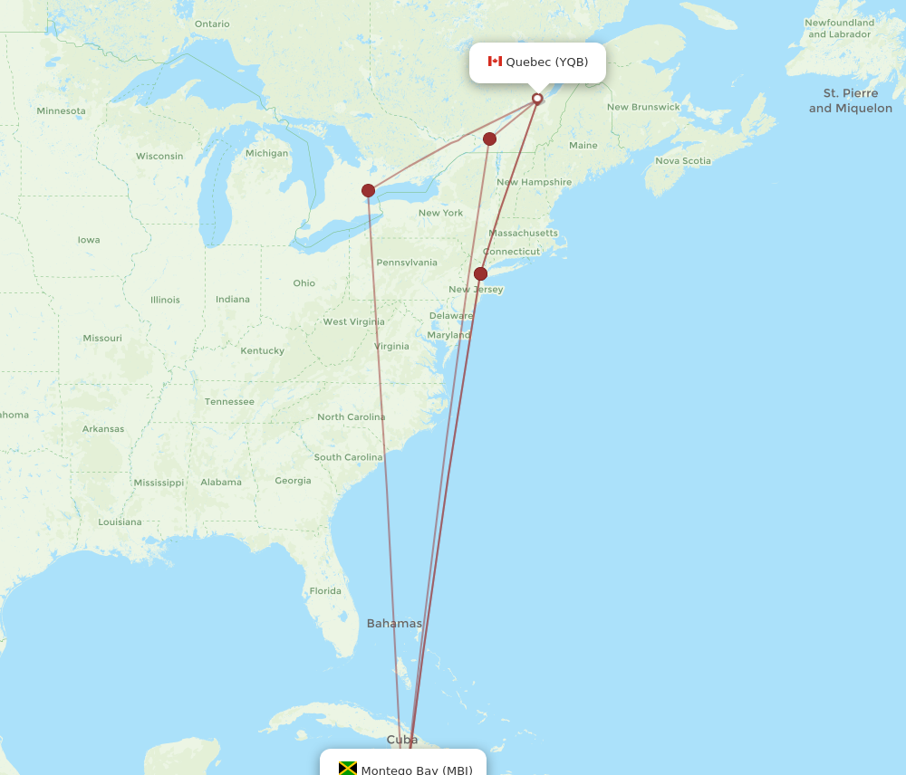 YQB to MBJ flights and routes map