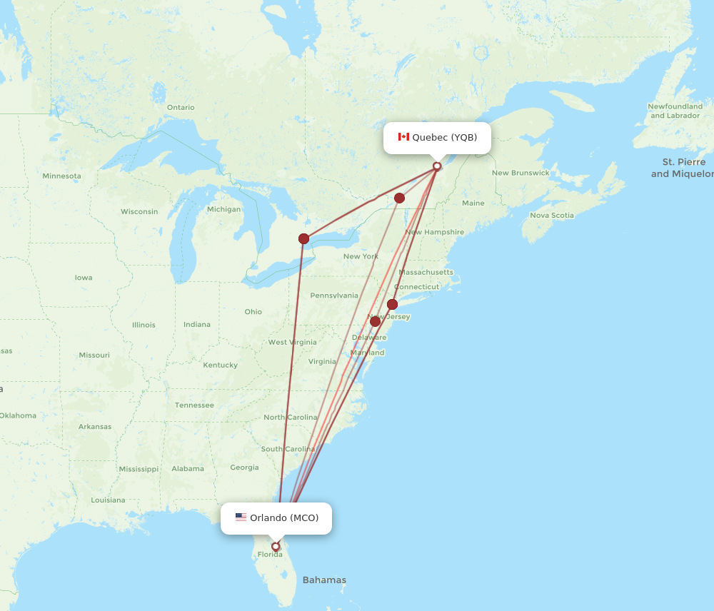 YQB to MCO flights and routes map