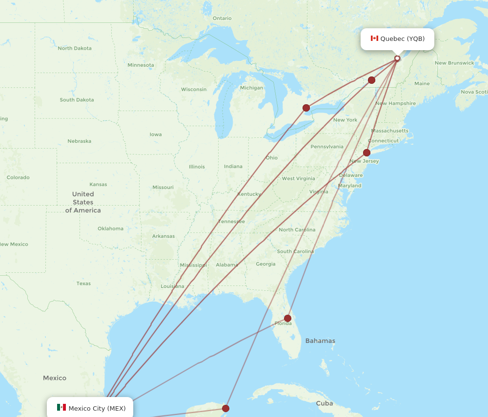 YQB to MEX flights and routes map