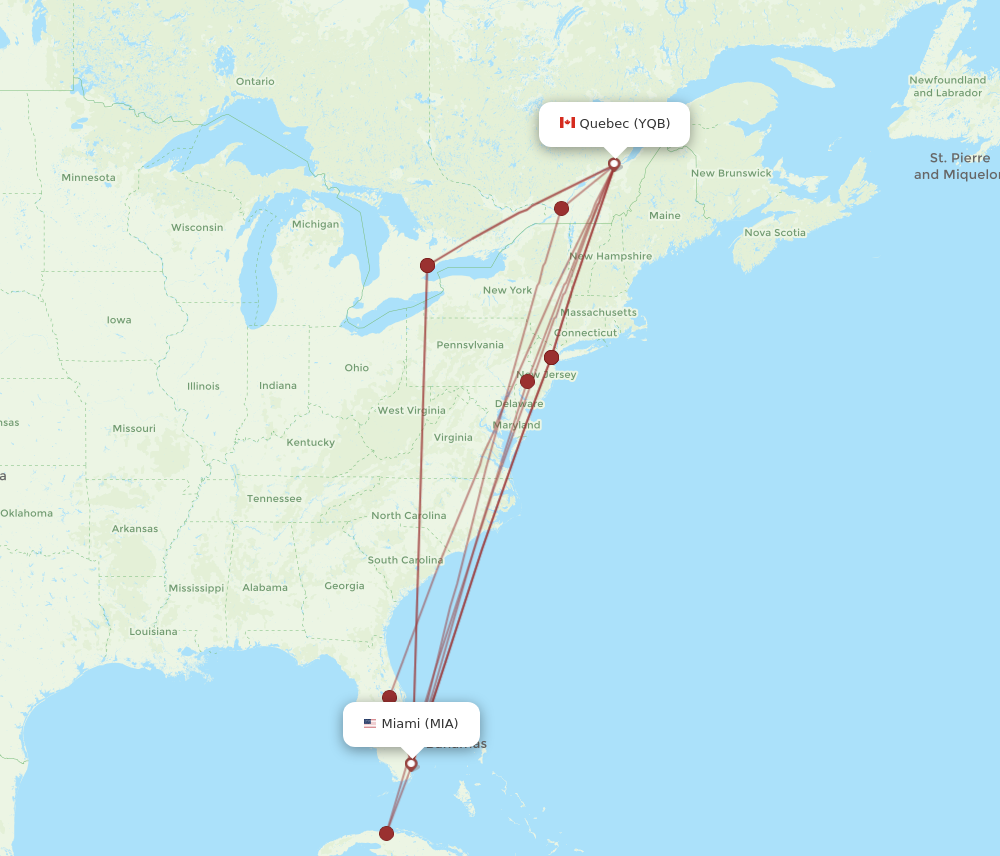 YQB to MIA flights and routes map