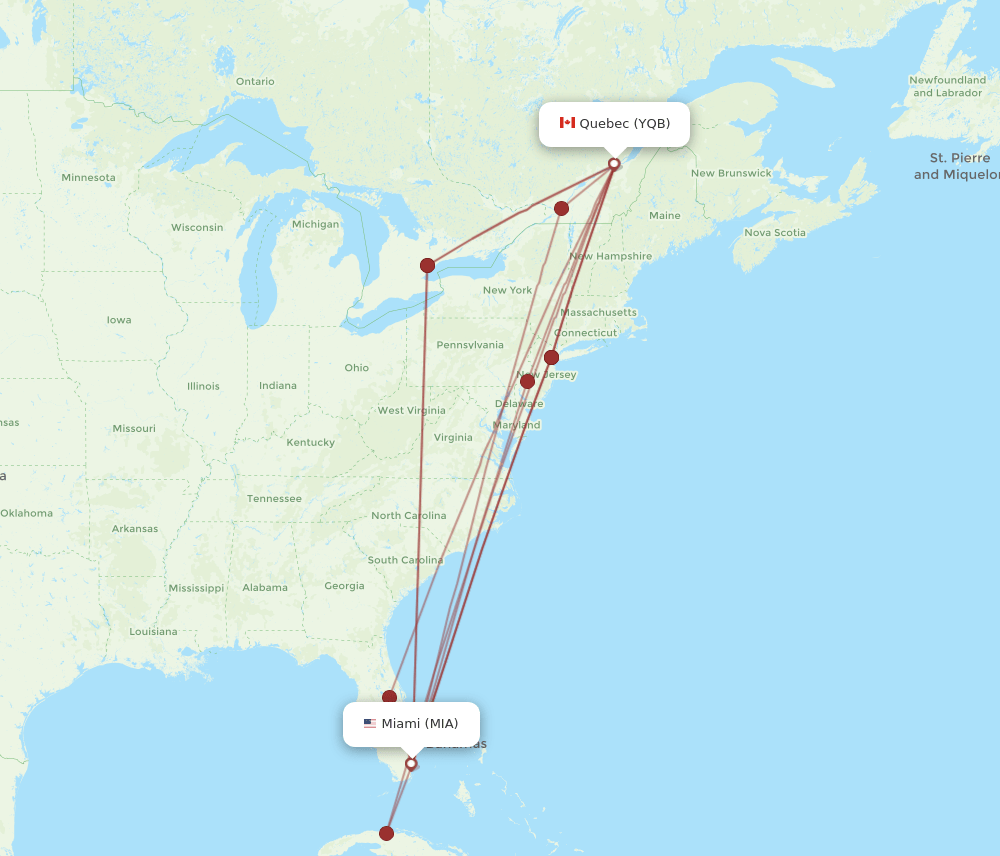 YQB-MIA flight routes