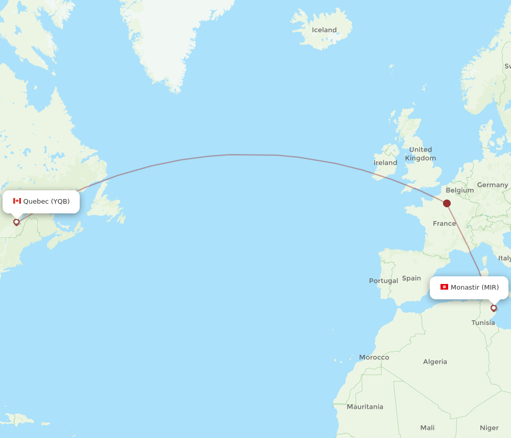 Quebec - Monastir route map and flight paths