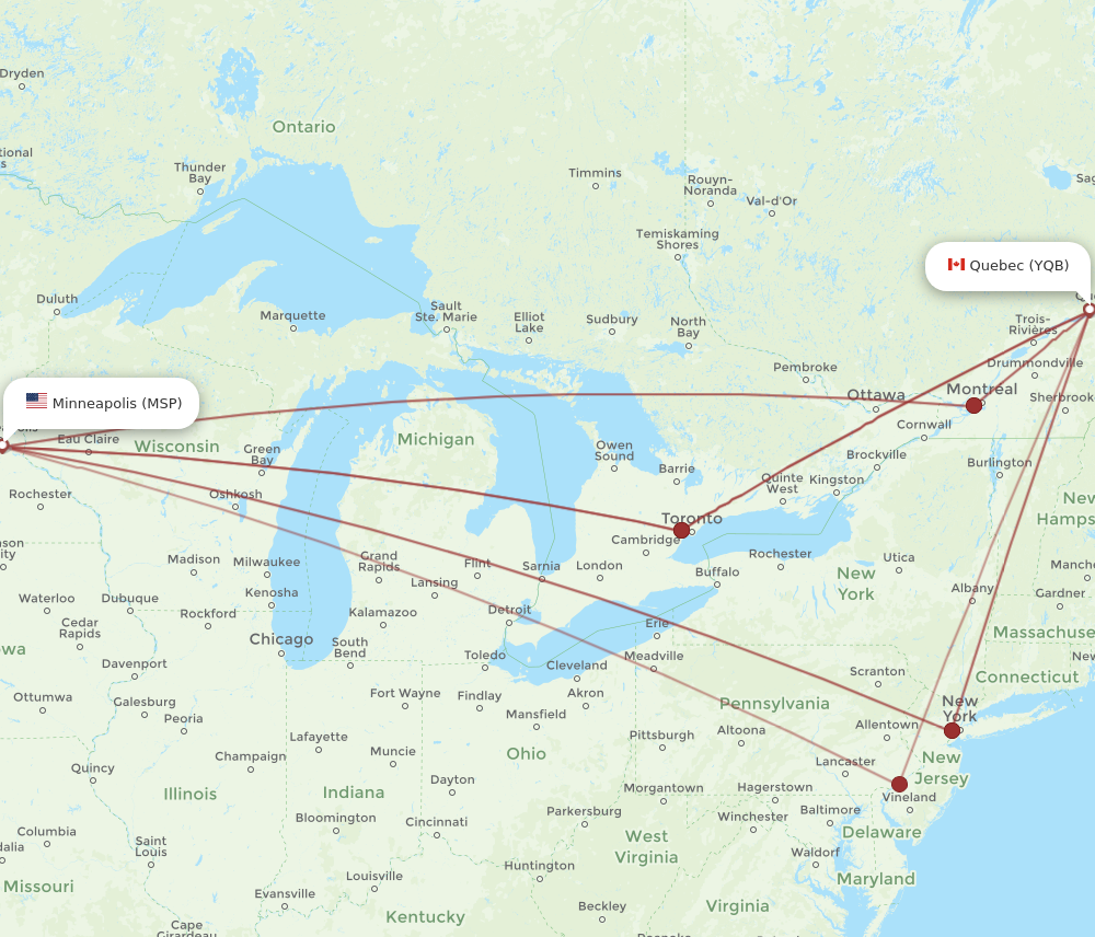 YQB to MSP flights and routes map